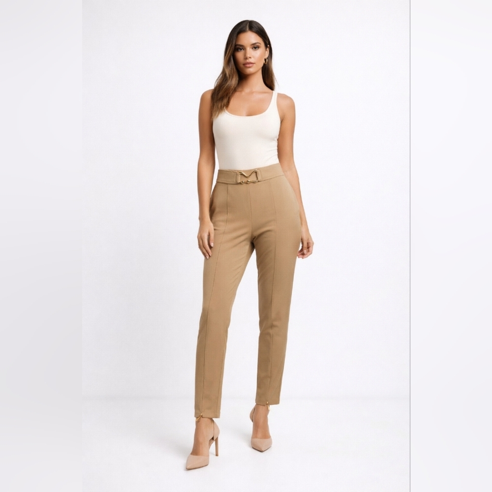 SHEIKE Tan Ankle Zip Slim Pants | Size 8 | Gold Hardware Detail